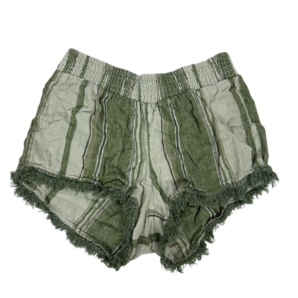 Vanilla Star Striped Linen Blend Fringe Trim Shorts Size S Green & White - Picture 1 of 5